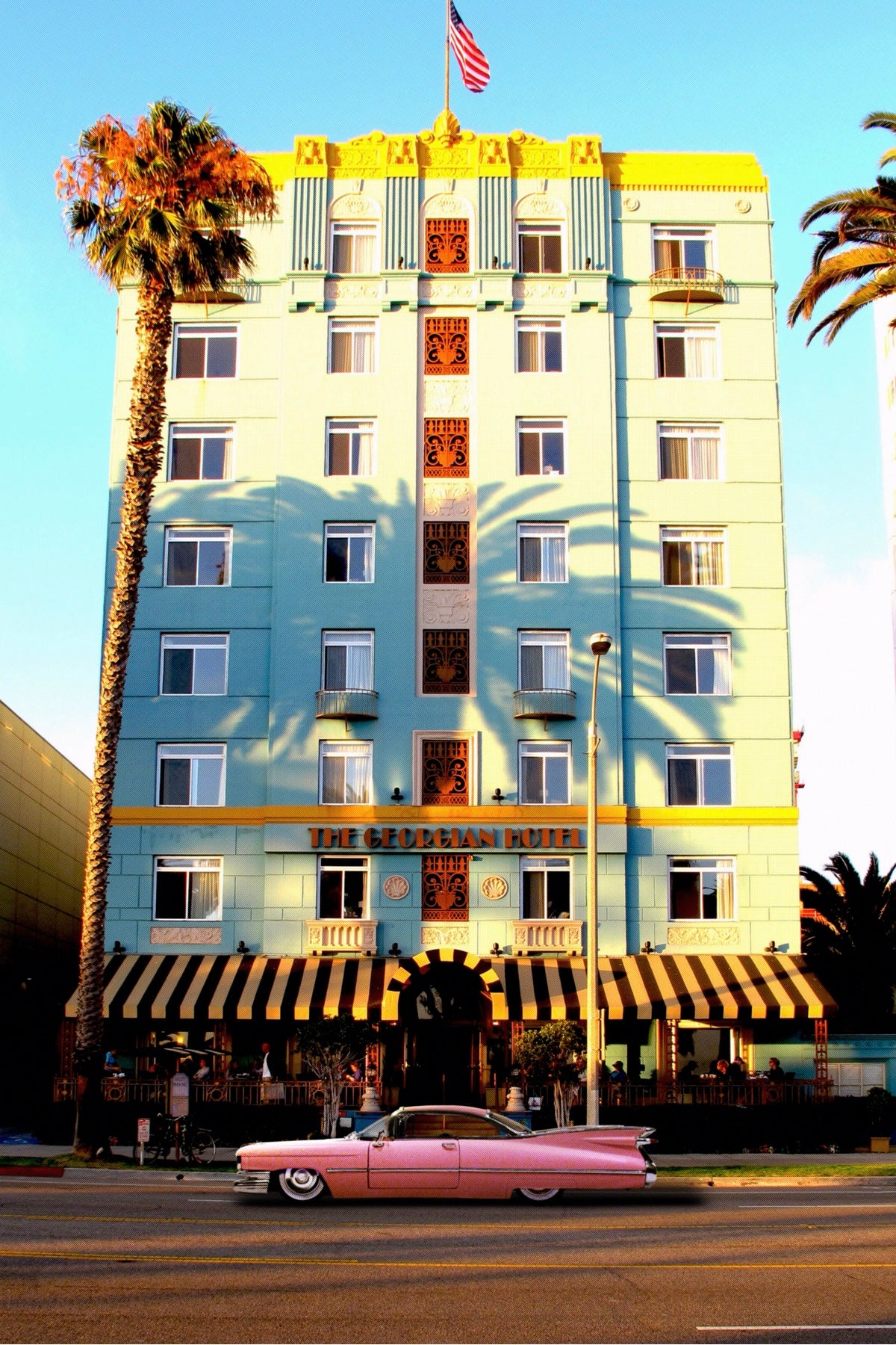 Pink Caddy at the Georgian Hotel, 24"w x 36"h Canvas Print