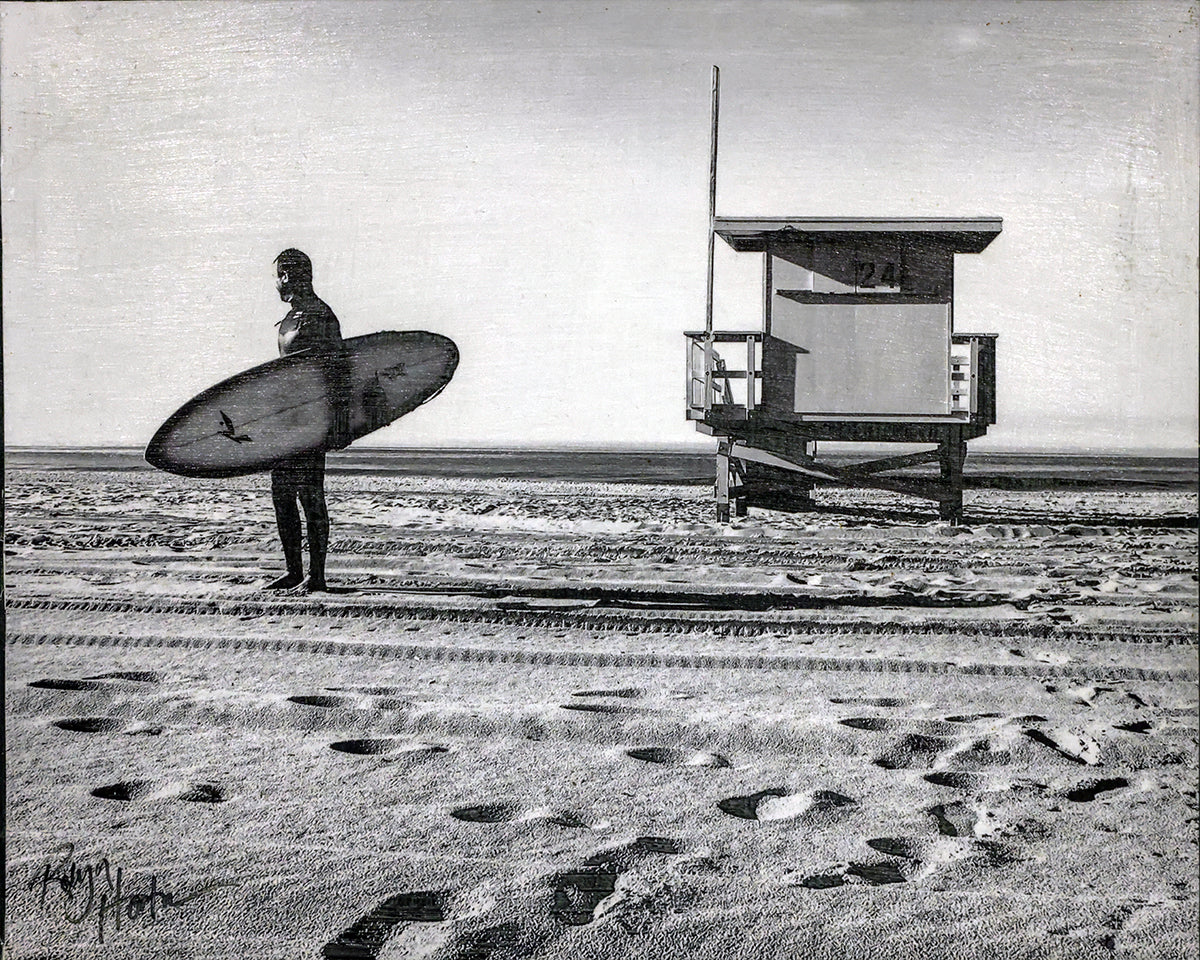 "Early Morning Surf", Black and White, 20"w x 16"h Print Mounted on Board, Hand-Embellished