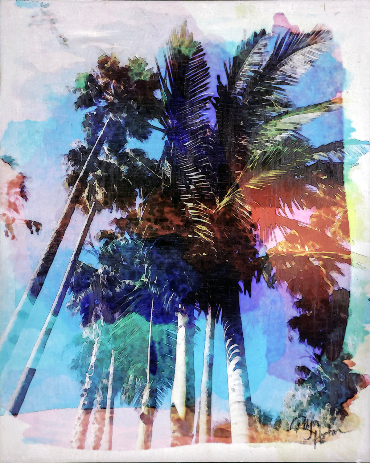 "Ocean Breeze Through The Palms", 16"w x 20"h Print Mounted on Board, Hand-Embellished