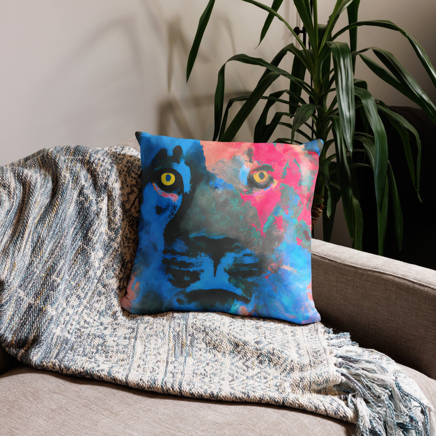 Lion's Stare, Animal Life, Surreal, Decorative Throw Pillow, High Quality Image, For Home Decor and Interior Design