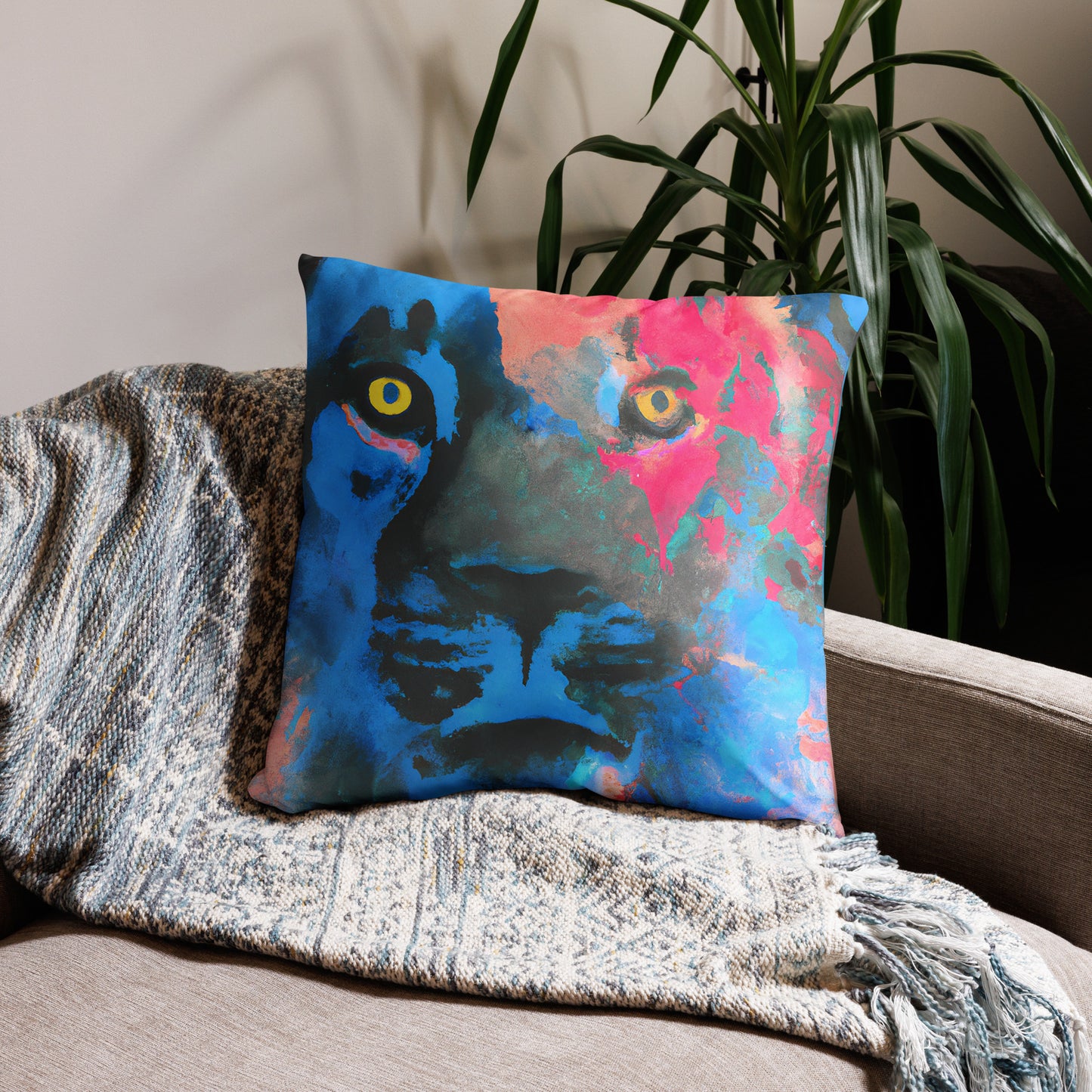 Lion's Stare, Animal Life, Surreal, Decorative Throw Pillow, High Quality Image, For Home Decor and Interior Design