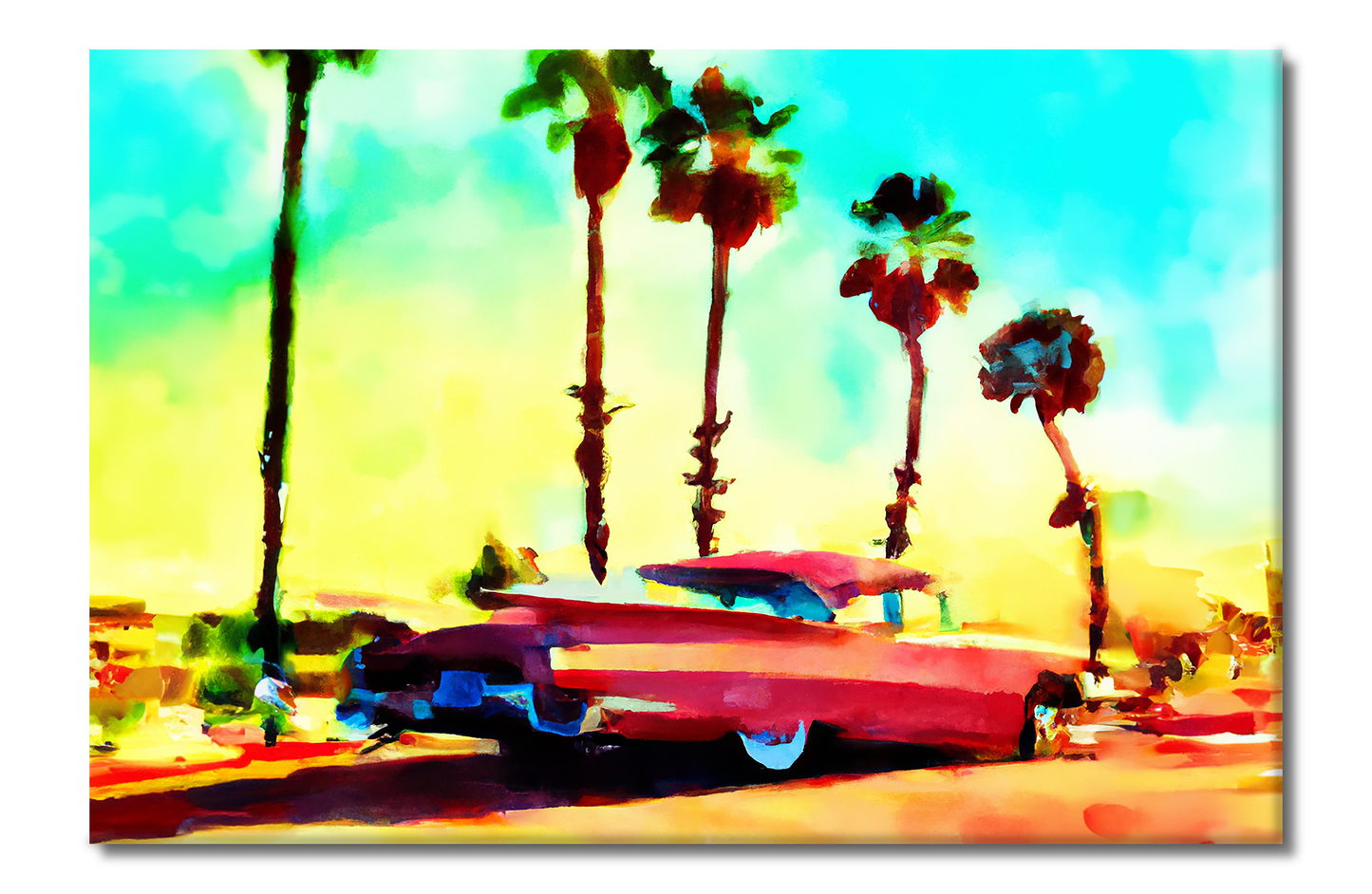 Pink Caddy on the Beach, THNKPNK, Route 66 Series, Digital Art, Canvas Print, High Quality Image, For Home Decor & Interior Design