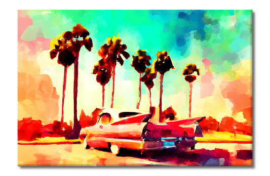 Pink Caddy by the Beach, Route 66 Series, Digital Art, Canvas Print, High Quality Image, For Home Decor & Interior Design