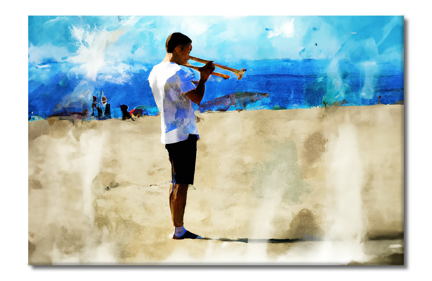 Playing Trumpet at the Beach, Beach Life, Digital Art, Canvas Print, High Quality Image, For Home Decor & Interior Design