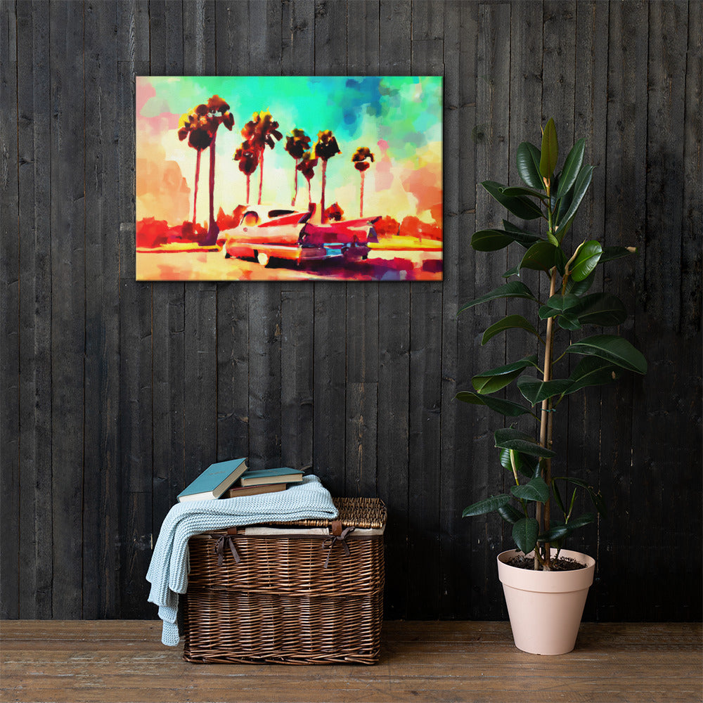 Pink Caddy by the Beach, Route 66 Series, Digital Art, Canvas Print, High Quality Image, For Home Decor & Interior Design