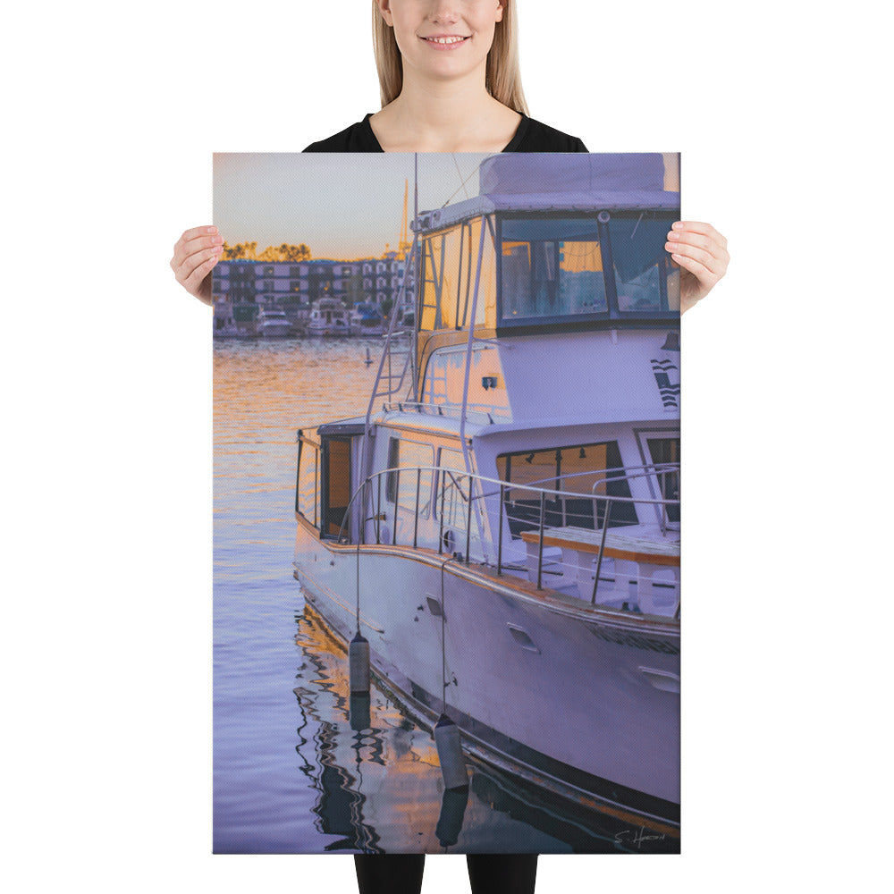 Boat at Sunset on the Marina, Photography, Canvas Print, High Quality Image, For Home Decor & Interior Design