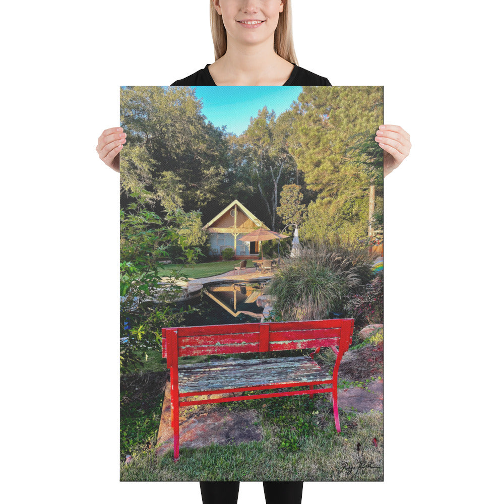 Red Bench By The Pond, Scenic, Photography, Canvas Print, High Quality Image, For Home Decor & Interior Design