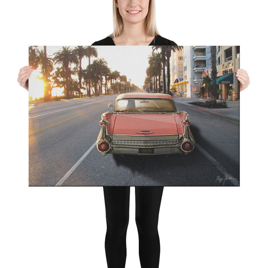 Pink Caddy On Ocean Avenue in Santa Monica At Sunset, Scenic, Beach Life, THNKPNK, California, Photography, Canvas Print, High Quality Image, For Home Decor & Interior Design