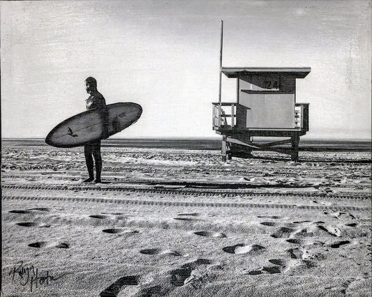 "Early Morning Surf", Black and White, 20"w x 16"h Print Mounted on Board, Hand-Embellished