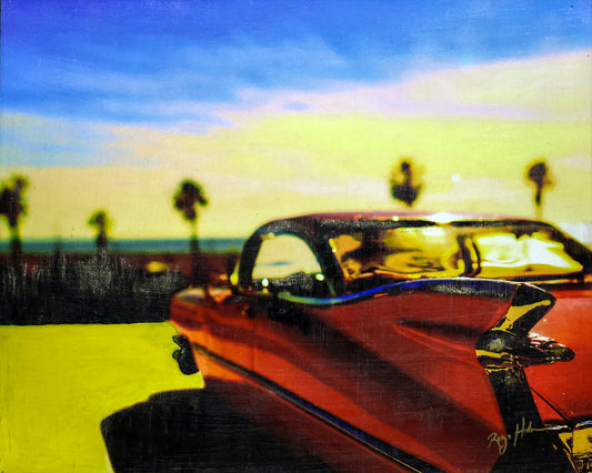 "Pink Caddy by the Beach", 20"w x 16"h Print Mounted on Board, Hand-Embellished