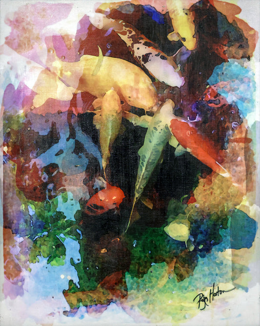 "Watercolor Koi", 16"w x 20"h Print Mounted on Board, Hand-Embellished